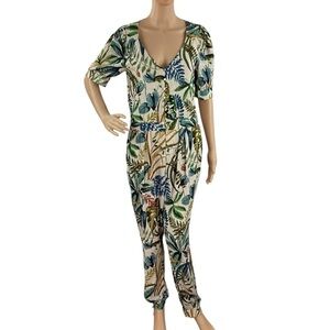 Chaser Tropical Botanical Print Button Front Short Sleeve Jumpsuit S